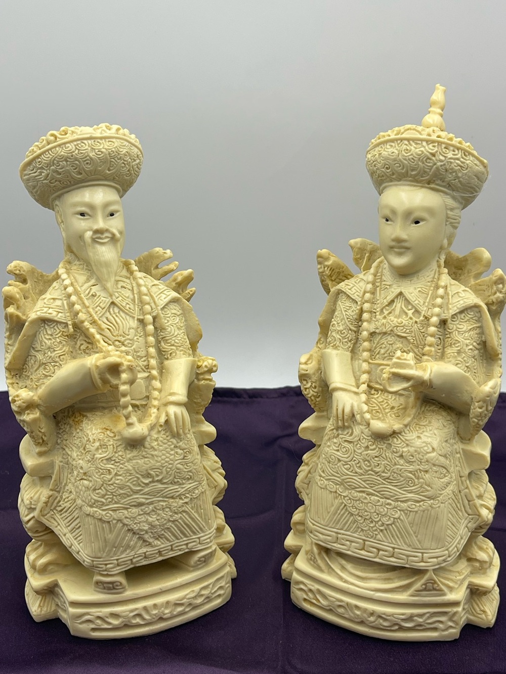 2pc Hand-Carved Resin Statues: Chinese Emperor & Empress Seats on Ornate Thrones